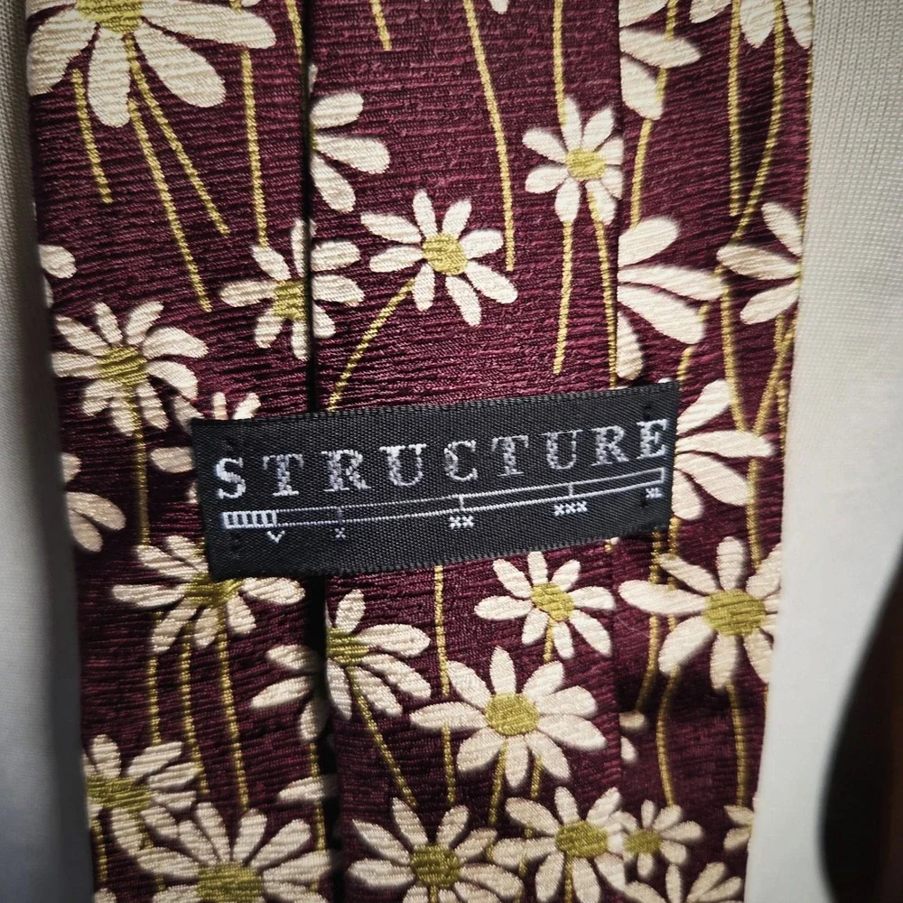 Structure Silk Tie Vintage 90s Mens Burgundy Daisy Floral Print Made in USA New
